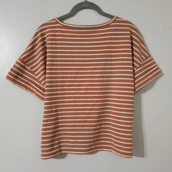 LOFT Nwt Boxy Oversized Cropped Peachy Brown & White Dot Striped Crewneck Tee, M - Picture 6 of 11